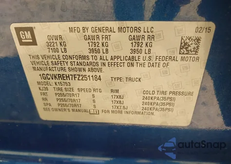 2015 Chevrolet Silverado 1500 1Lt from USA, damaged, VIN 1GCVKREH7FZ251184
